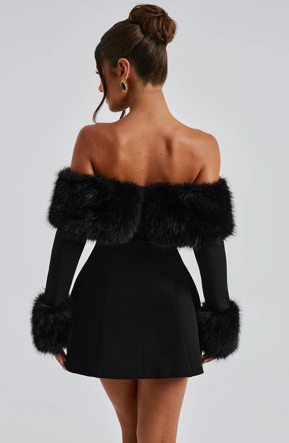 Women’s Mini Dress with Faux Fur Trim - Elegant Off-Shoulder