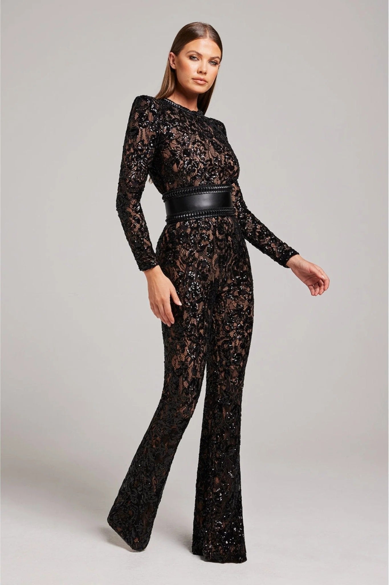 Women’s Lace Flare Jumpsuit - Long Sleeve Sheer Evening Wear