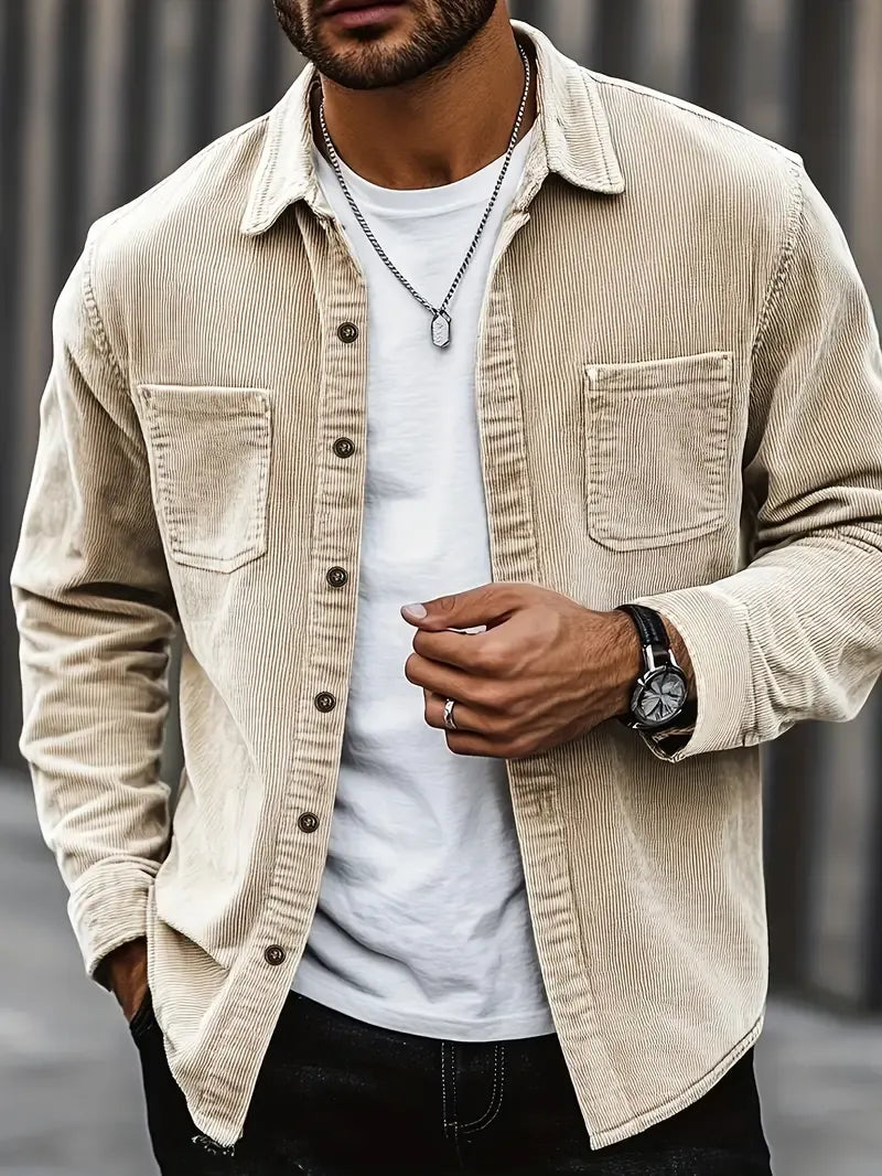 Men’s Corduroy Button-Up Shirt - Casual Winter Overshirt