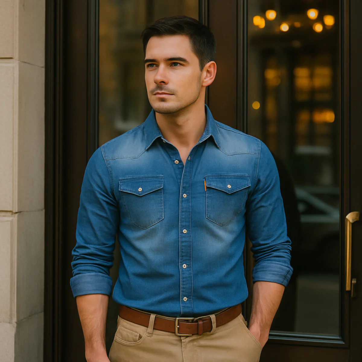 Men’s Classic Denim Shirt - Casual Button-Up Long Sleeve