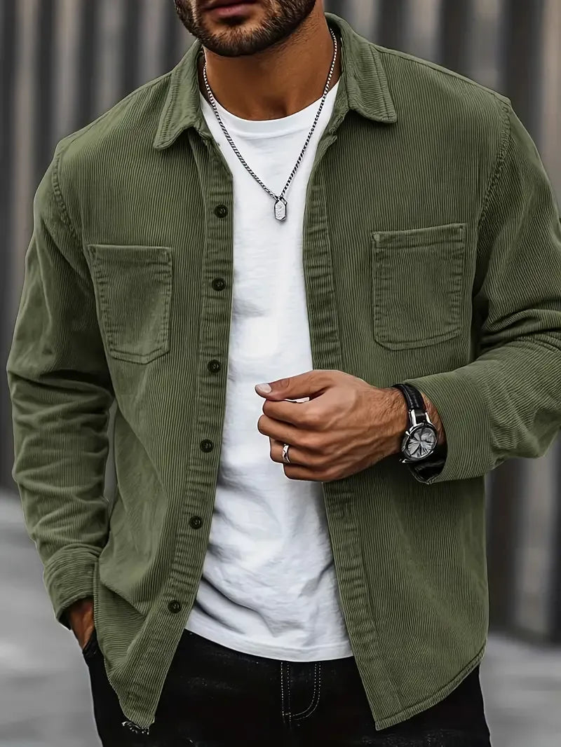Men’s Corduroy Button-Up Shirt - Casual Winter Overshirt