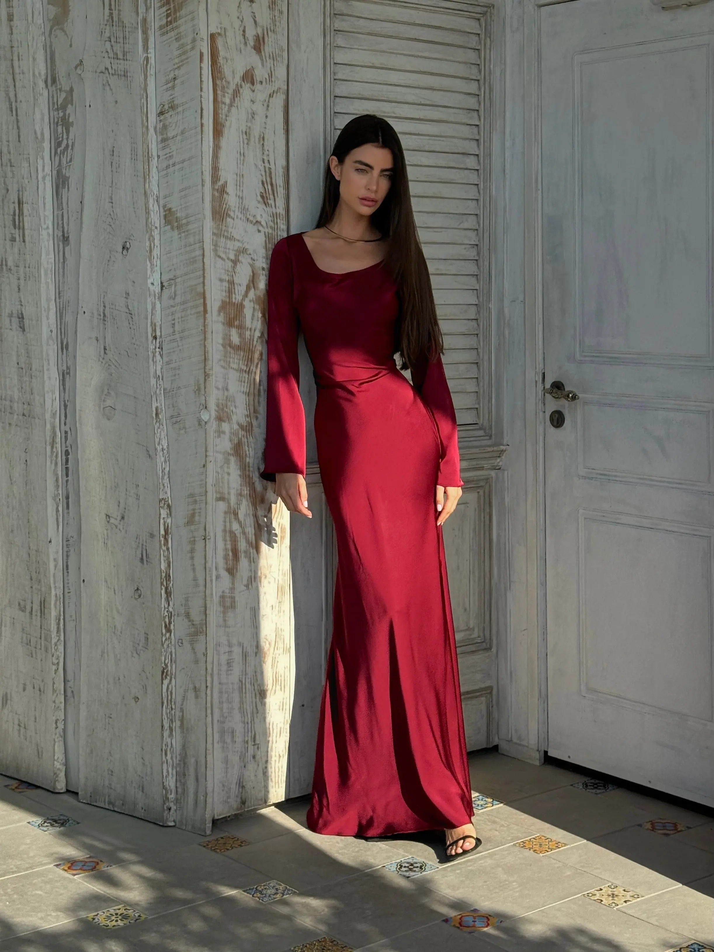 Women’s Elegant Long Sleeve Maxi Dress - Sophisticated Evening Gown