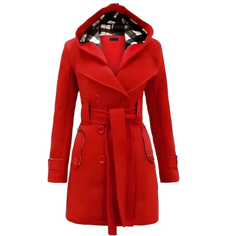 Women’s Double-Breasted Hooded Trench Coat - Elegant Belted Long Jacket
