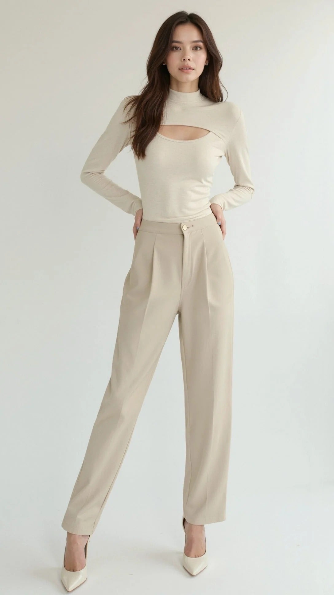 Women’s Cutout Long Sleeve Top - Mock Neck Fitted Blouse