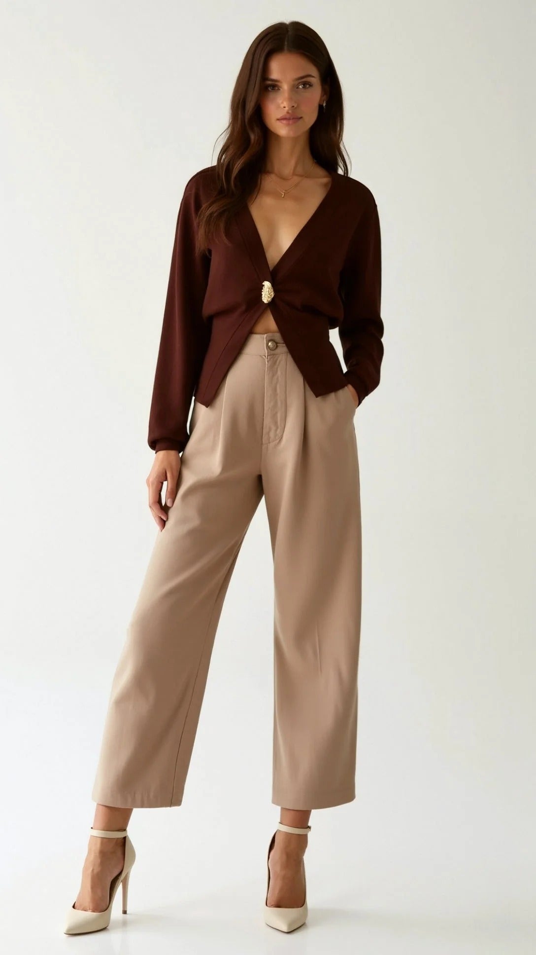 Women’s Deep V-Neck Statement Cardigan - Gold Detail Wrap Top