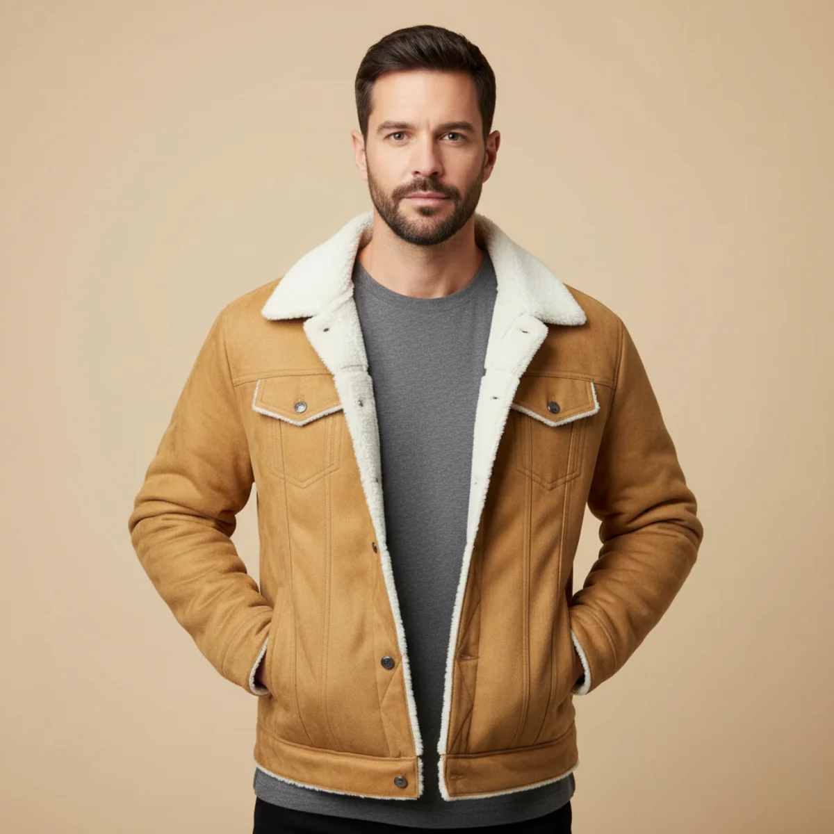 Men’s Shearling-Collar Trucker Jacket - Classic Winter Outerwear