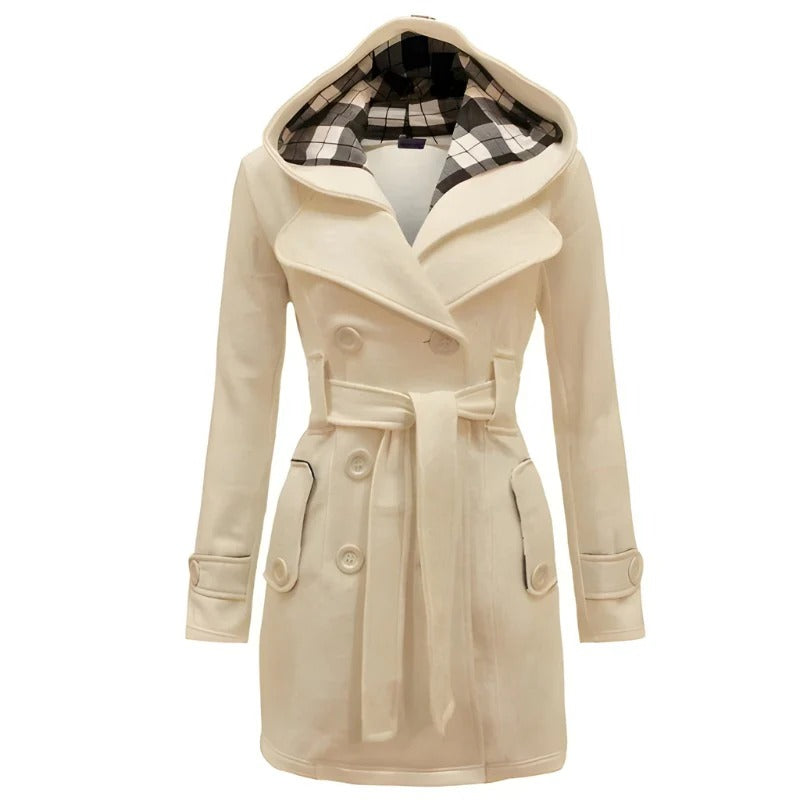 Women’s Double-Breasted Hooded Trench Coat - Elegant Belted Long Jacket