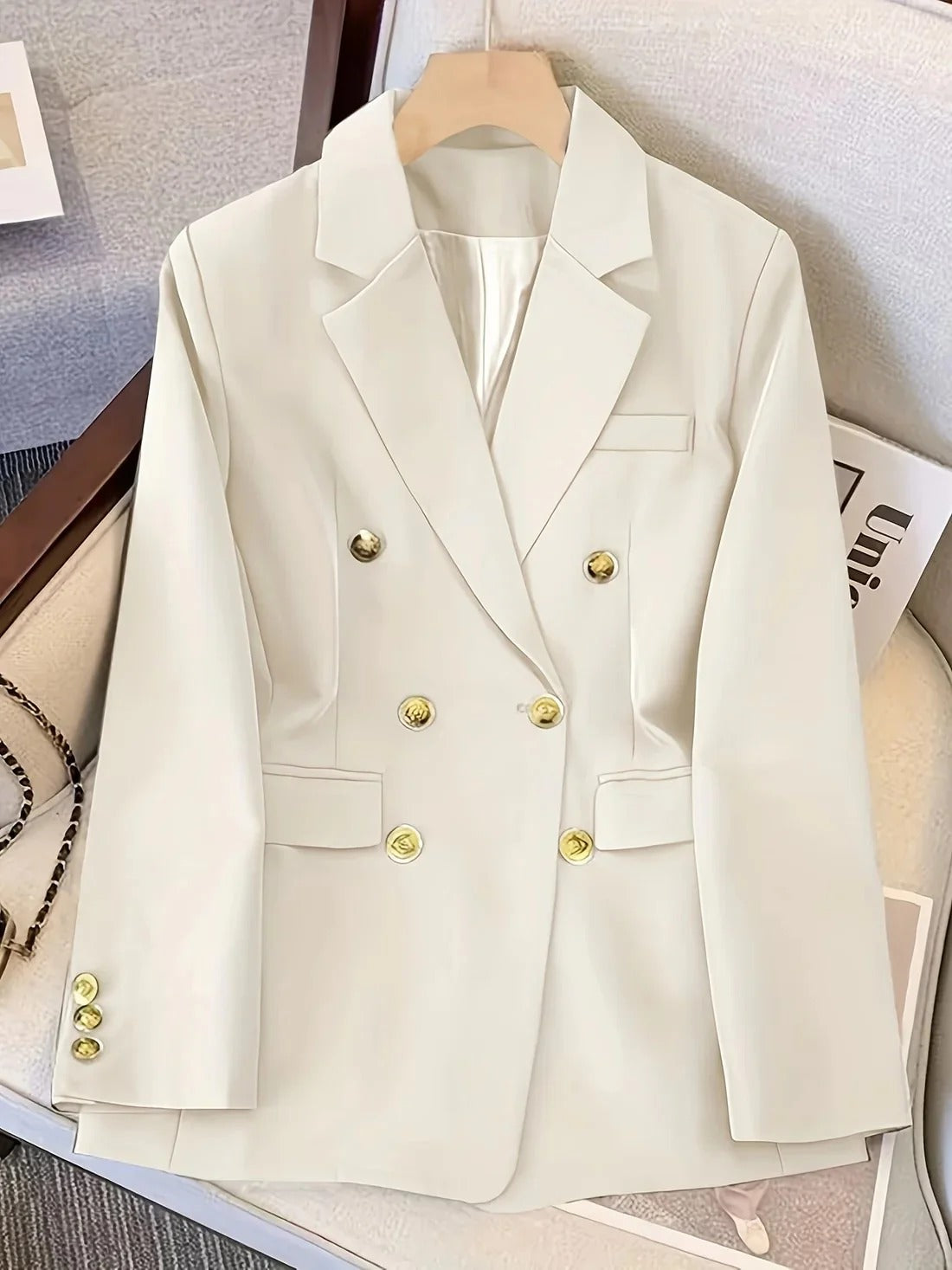 Women’s Double-Breasted Blazer - Gold Button Tailored Jacket