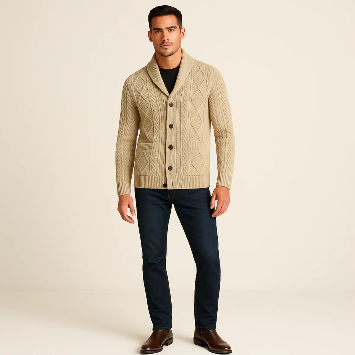 Men’s Cable-Knit Shawl Collar Cardigan - Classic Button-Up Sweater