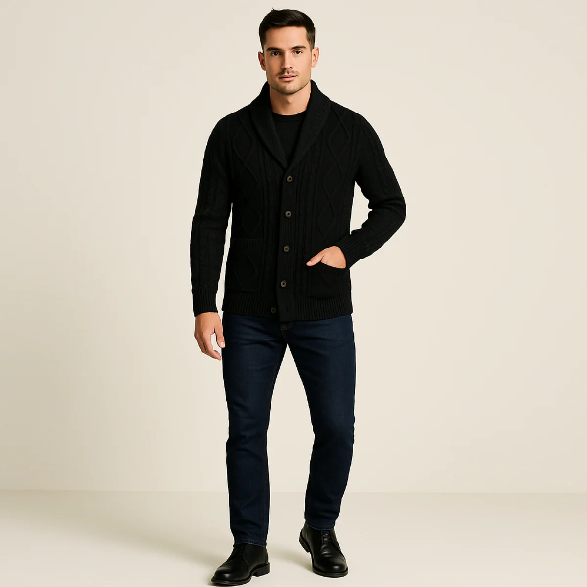 Men’s Cable-Knit Shawl Collar Cardigan - Classic Button-Up Sweater