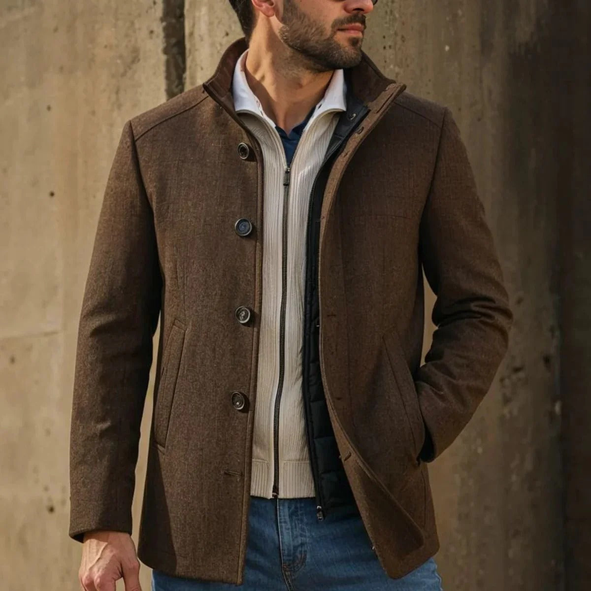 Men’s Stand-Collar Winter Overcoat - Classic Button-Up Outerwear