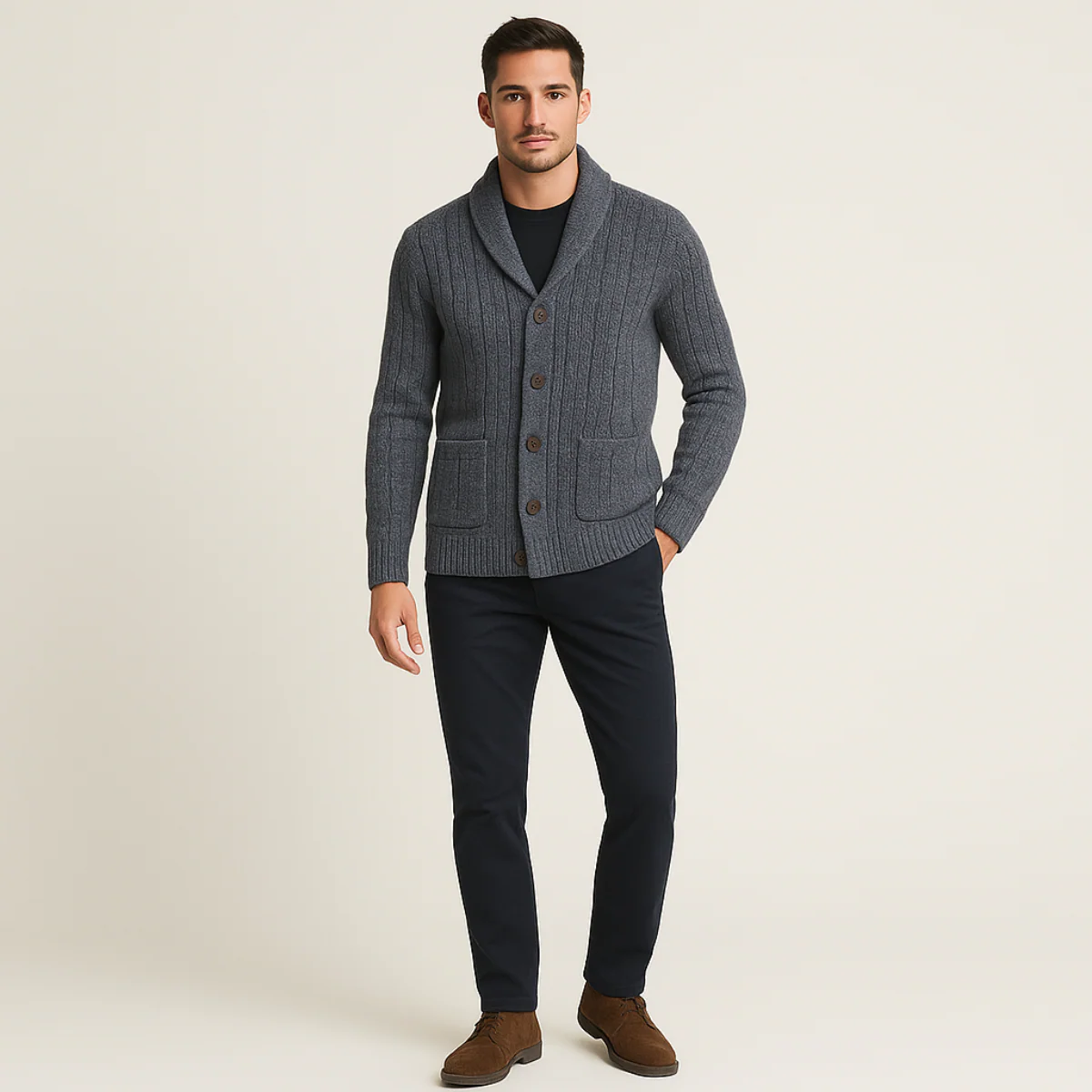 Men’s Cable-Knit Shawl Collar Cardigan - Classic Button-Up Sweater