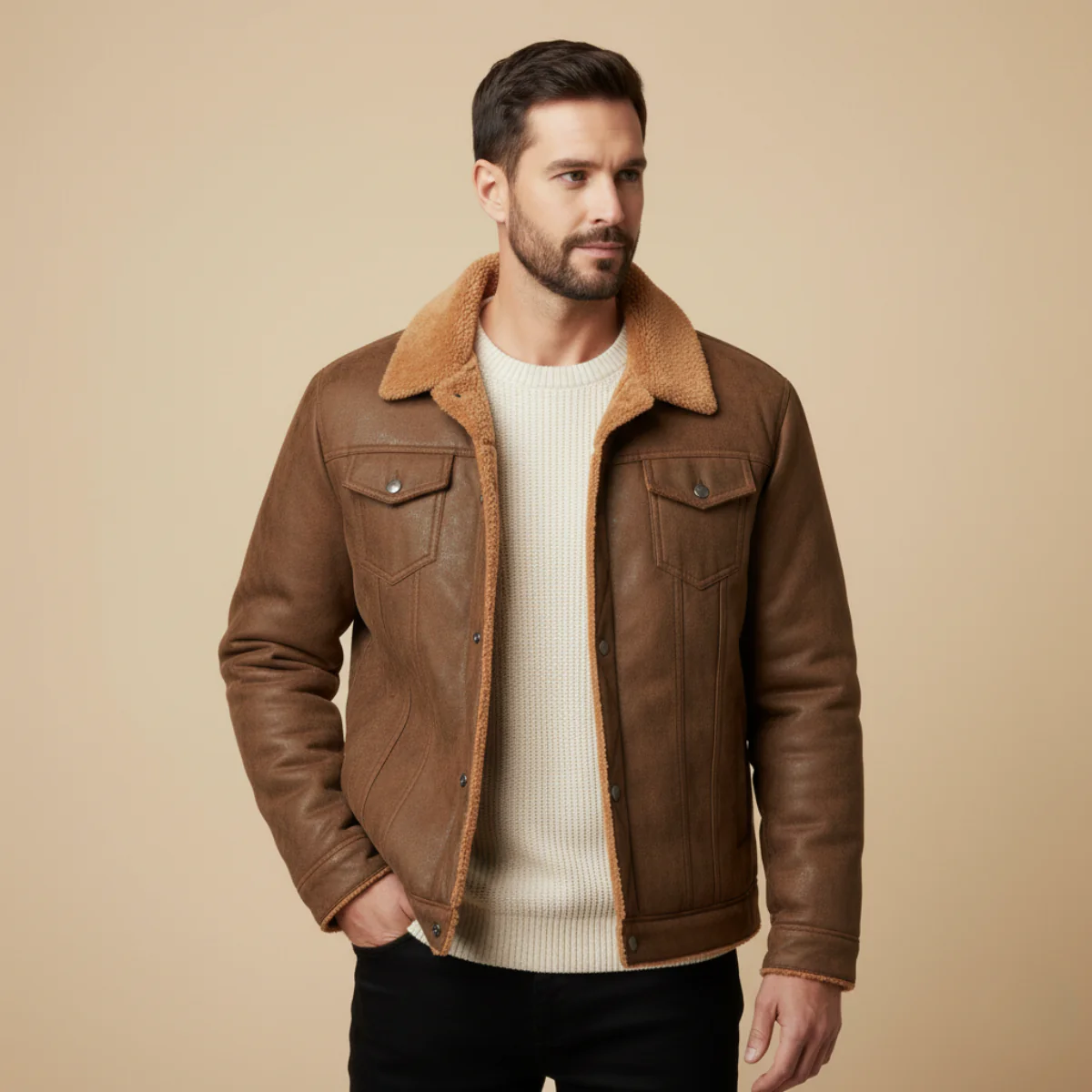 Men’s Shearling-Collar Trucker Jacket - Classic Winter Outerwear