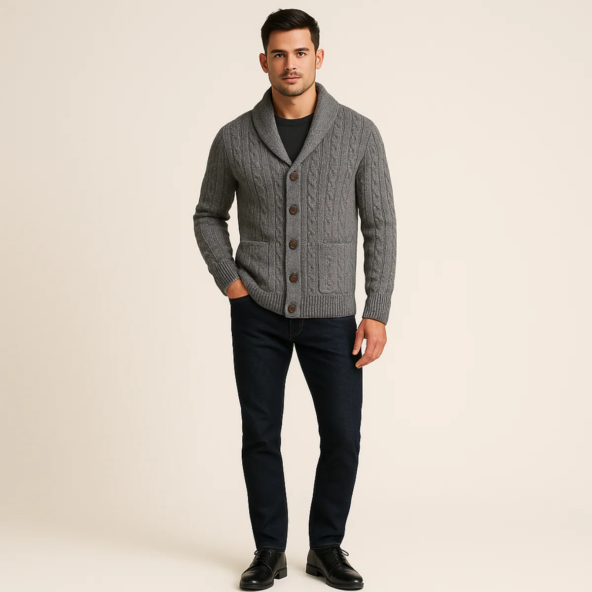 Men’s Cable-Knit Shawl Collar Cardigan - Classic Button-Up Sweater