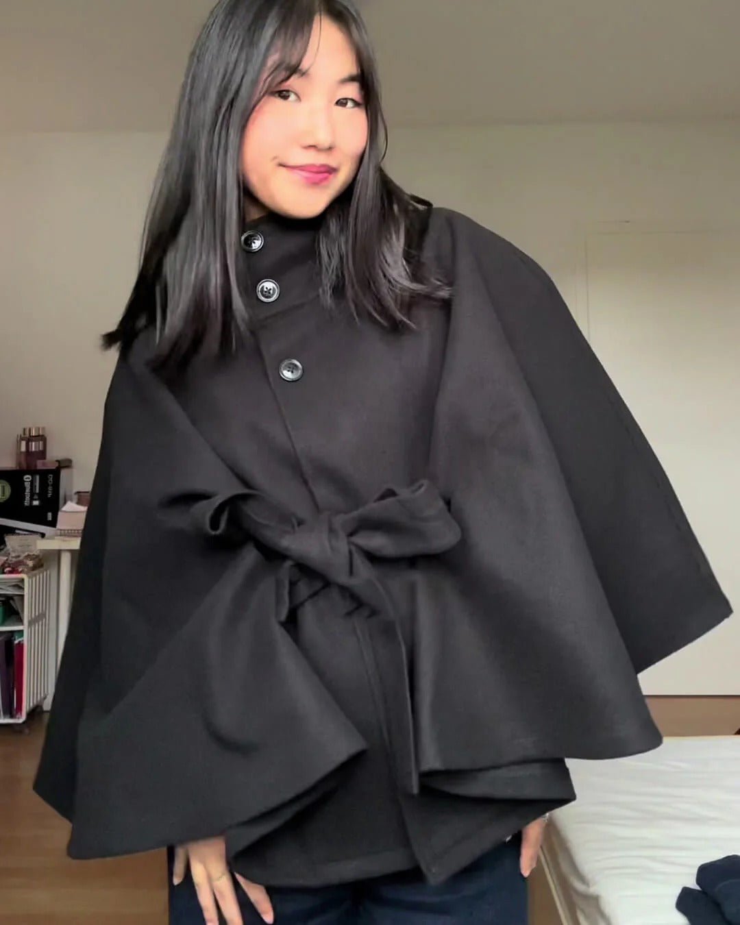 Women’s High-Neck Belted Cape Jacket - Button-Up Wrap Coat