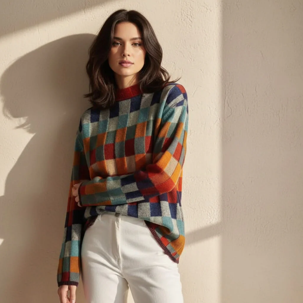 Women’s Checkered Crewneck Sweater - Long Sleeve Pullover