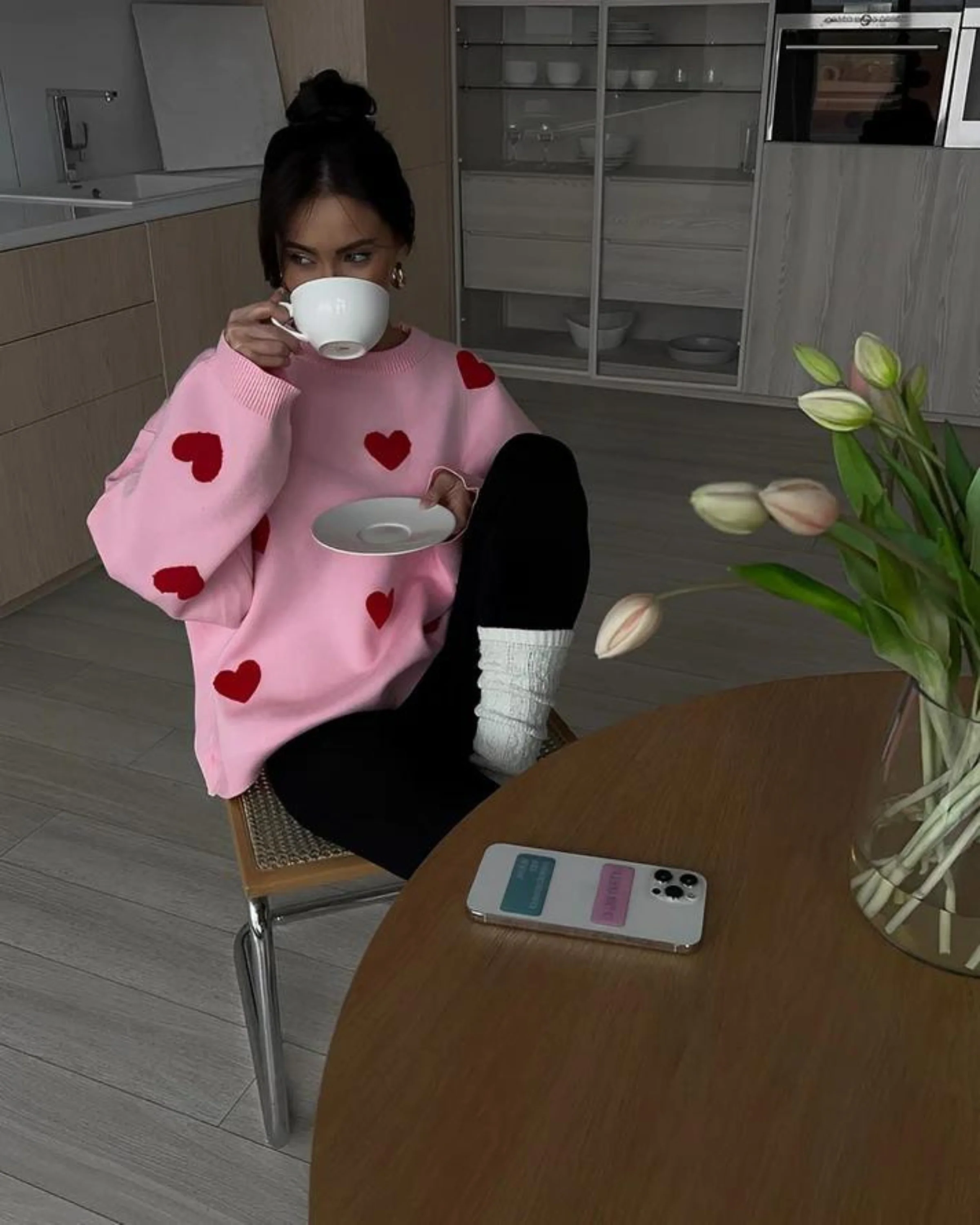 Women’s Heart Print Oversized Knit Sweater - Cozy Casual Pullover