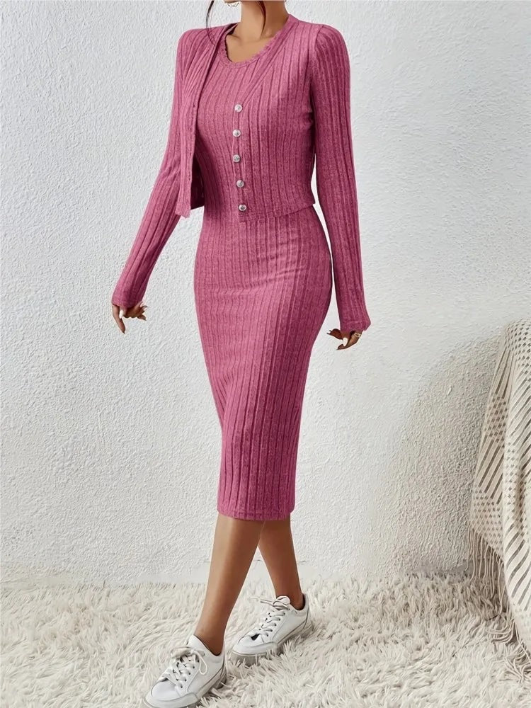 Women’s Serena Ribbed Knit Two-Piece Set – Button Front Midi Dress Matching Cardigan
