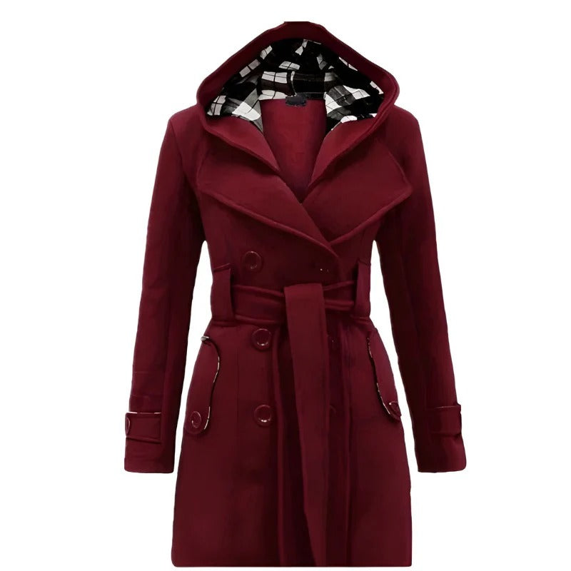 Women’s Double-Breasted Hooded Trench Coat - Elegant Belted Long Jacket