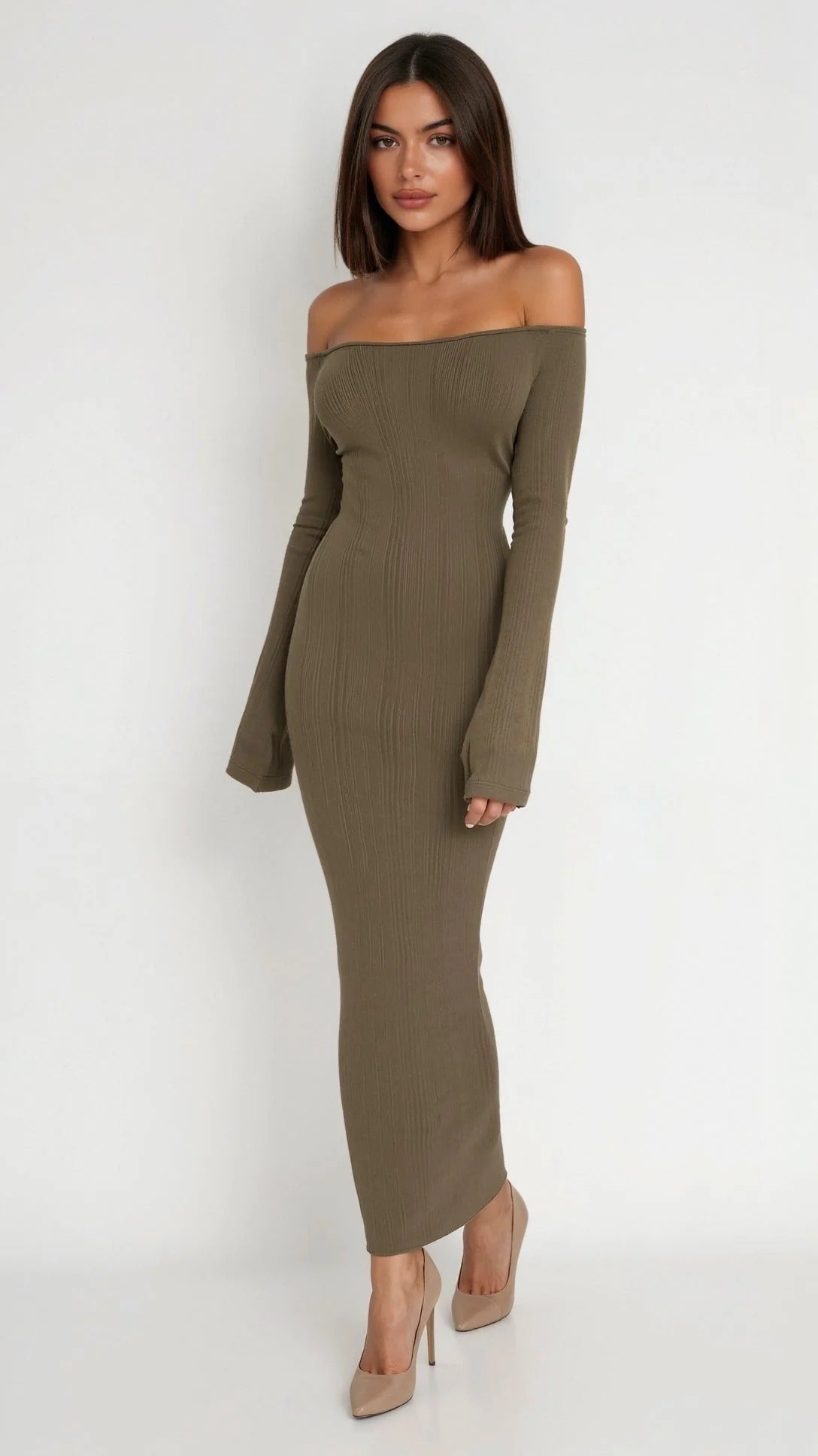 Women’s Off-Shoulder Ribbed Maxi Dress - Elegant Bodycon Dress