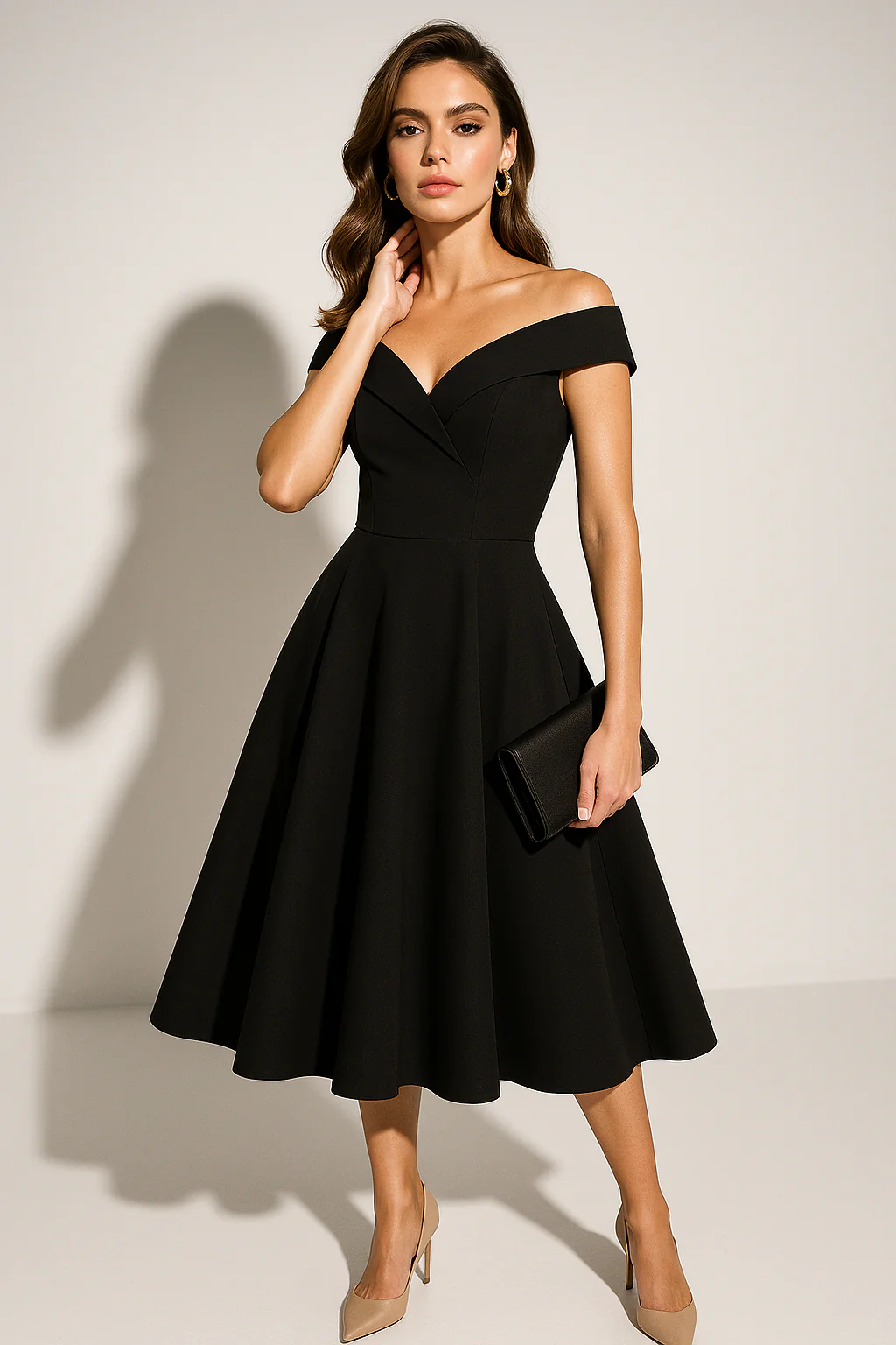Women’s Elegant Off-Shoulder Midi Dress - Classic A-Line Silhouette