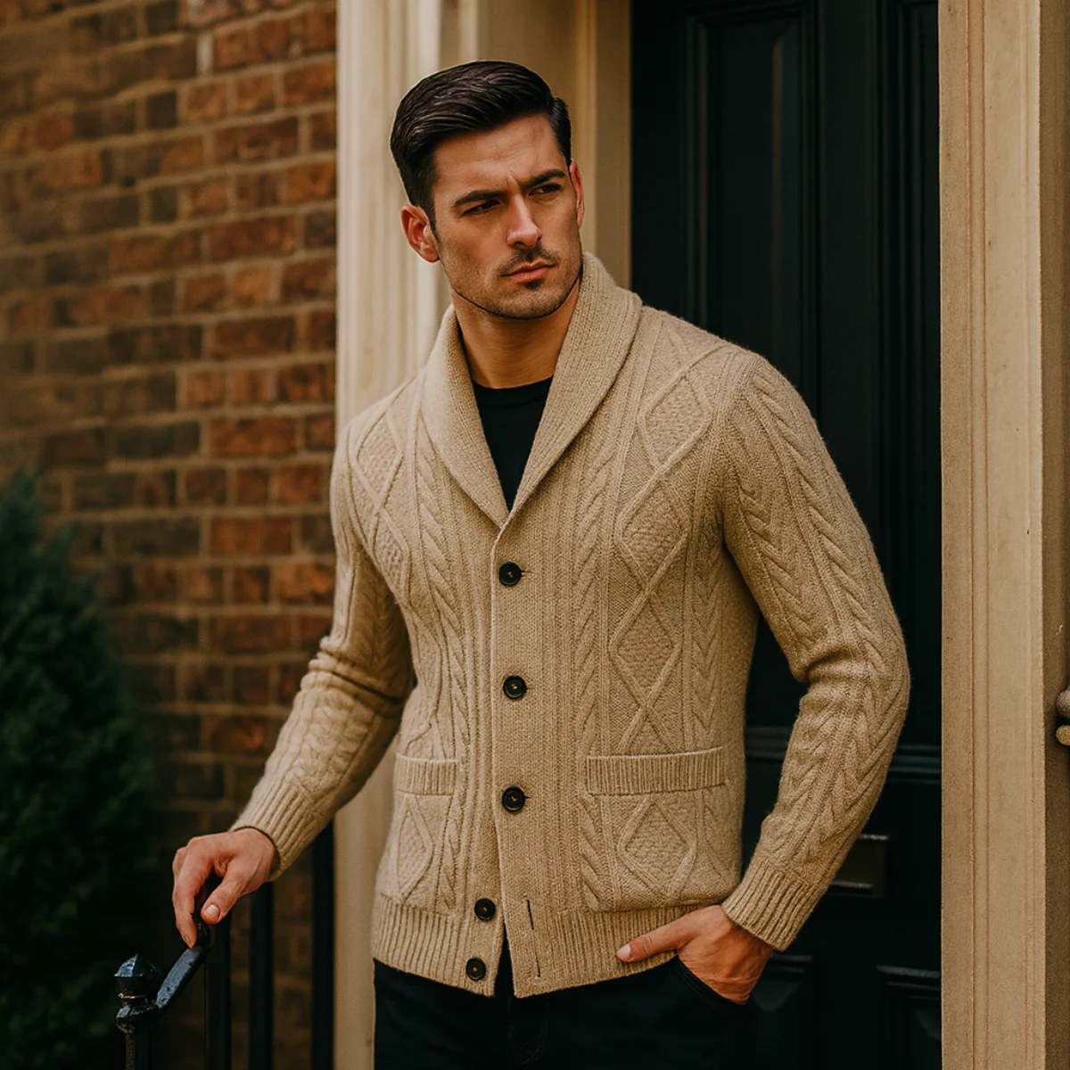Men’s Cable-Knit Shawl Collar Cardigan - Classic Button-Up Sweater