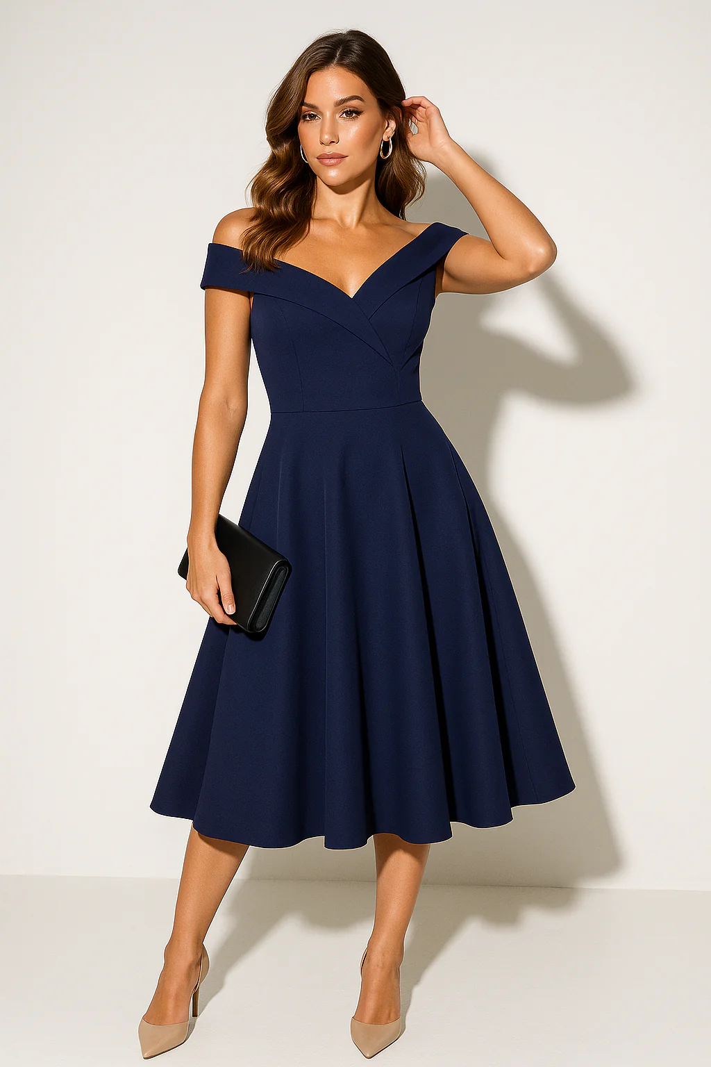 Women’s Elegant Off-Shoulder Midi Dress - Classic A-Line Silhouette