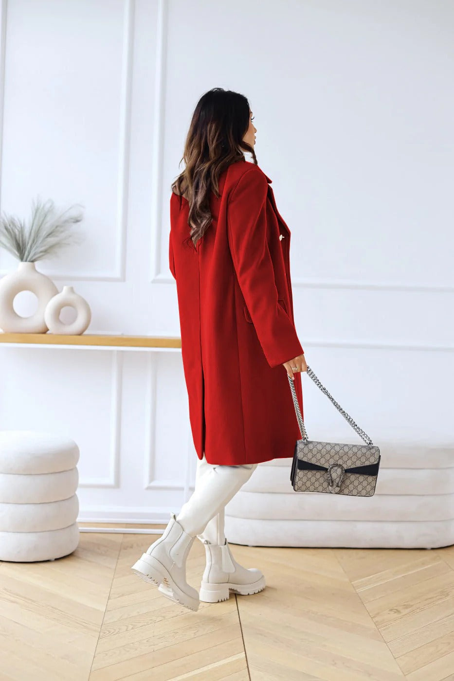 Women’s Double-Breasted Mid-Length Coat - Elegant Gold Button Notch Lapel Overcoat