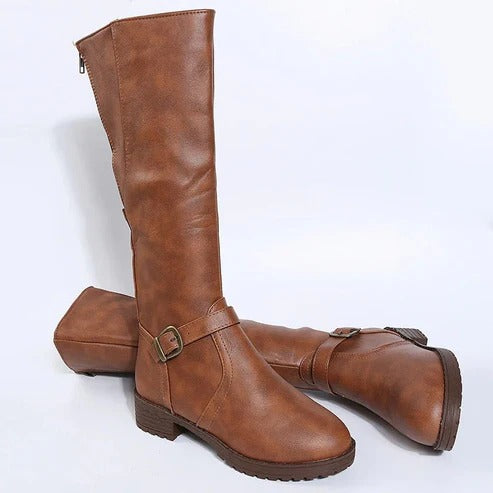 Women’s Knee-High Buckle Boots - Side Zip Low Heel Riding Style