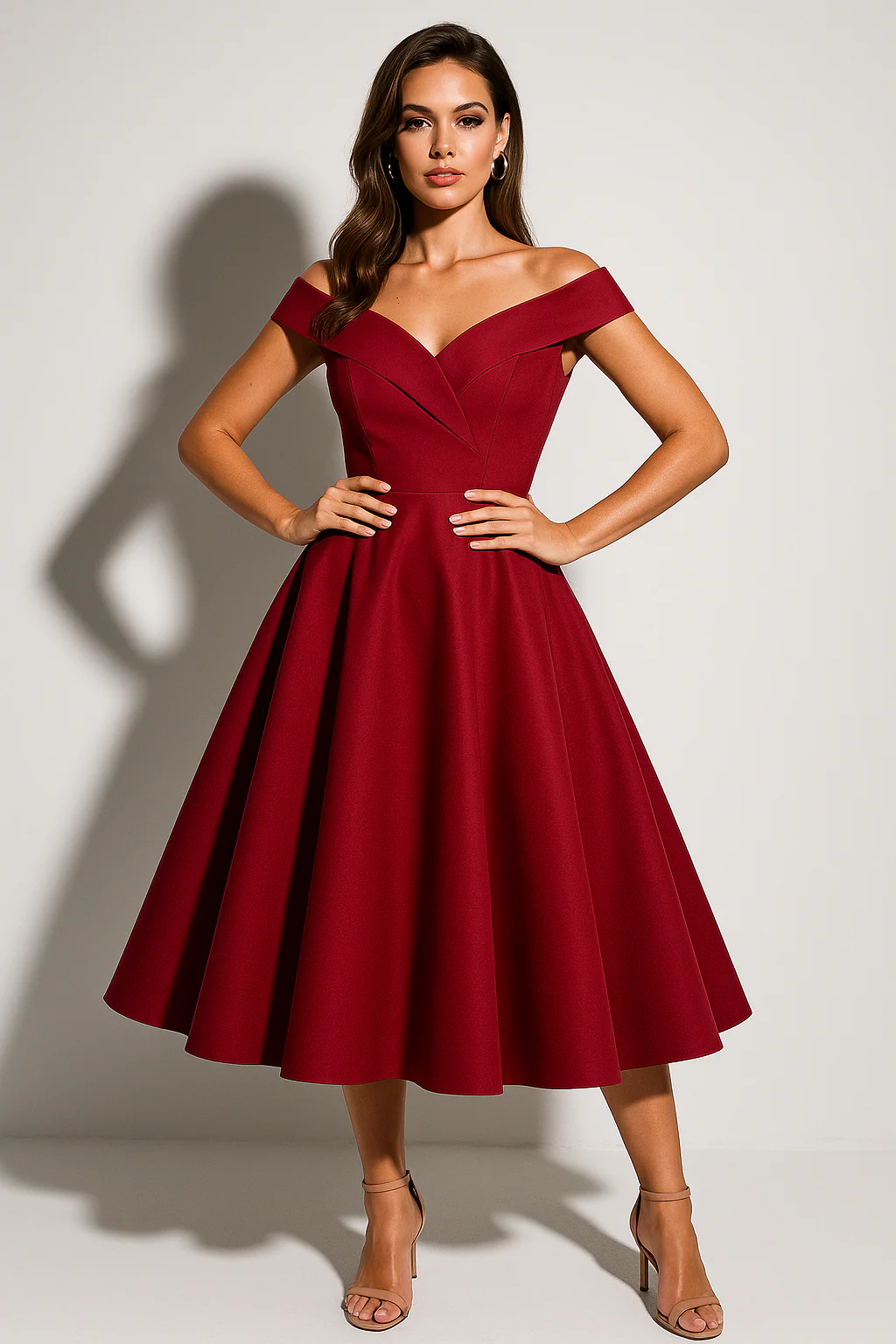 Women’s Elegant Off-Shoulder Midi Dress - Classic A-Line Silhouette