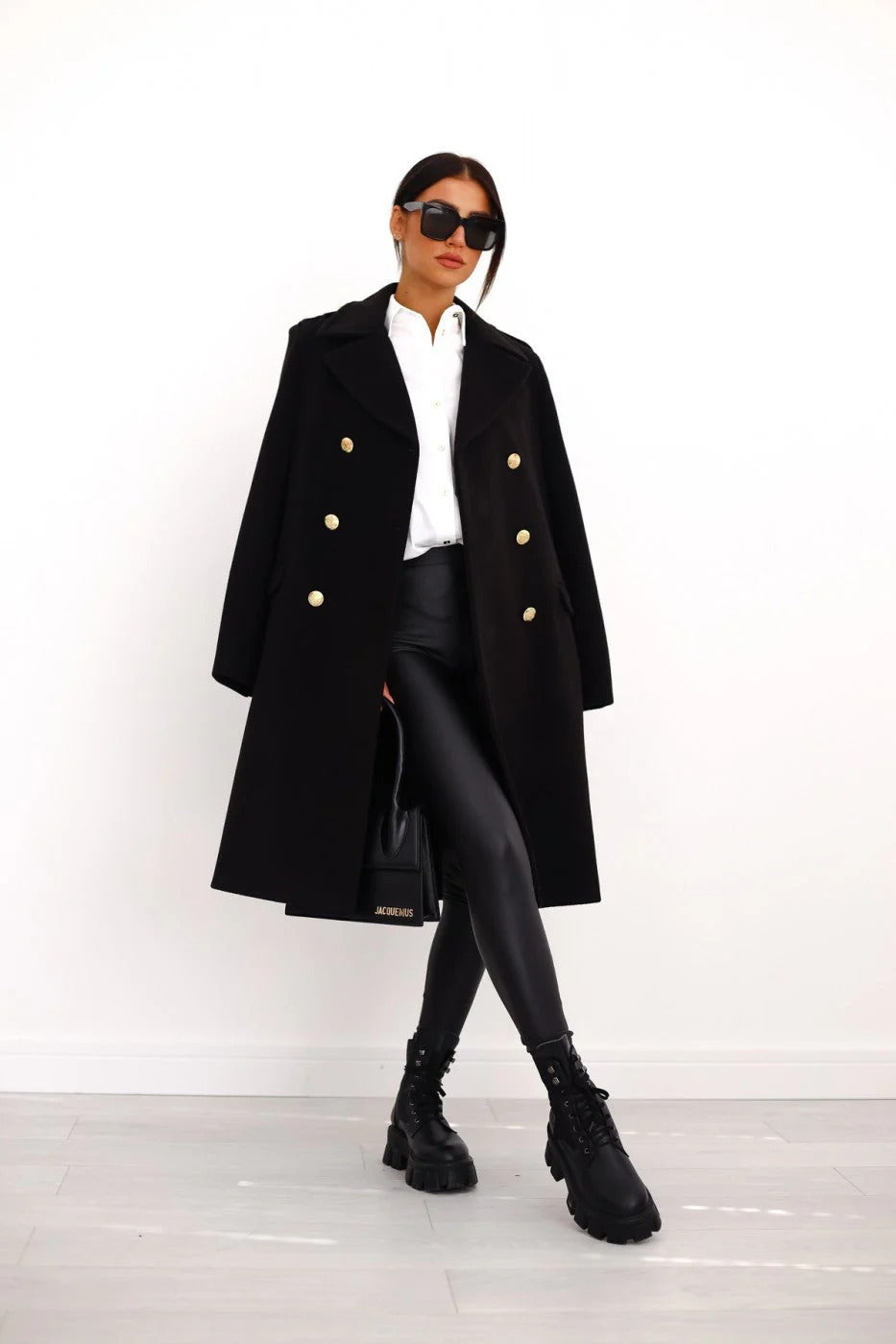 Women’s Double-Breasted Mid-Length Coat - Elegant Gold Button Notch Lapel Overcoat