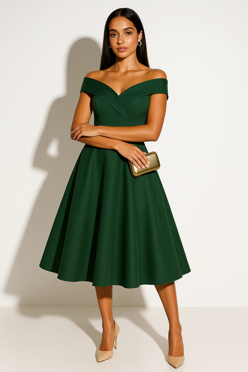 Women’s Elegant Off-Shoulder Midi Dress - Classic A-Line Silhouette