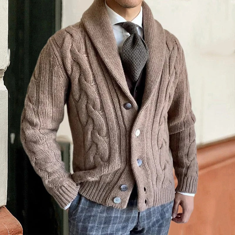 Men’s Heritage Cable Knit Cardigan - Classic Shawl Collar Button-Up
