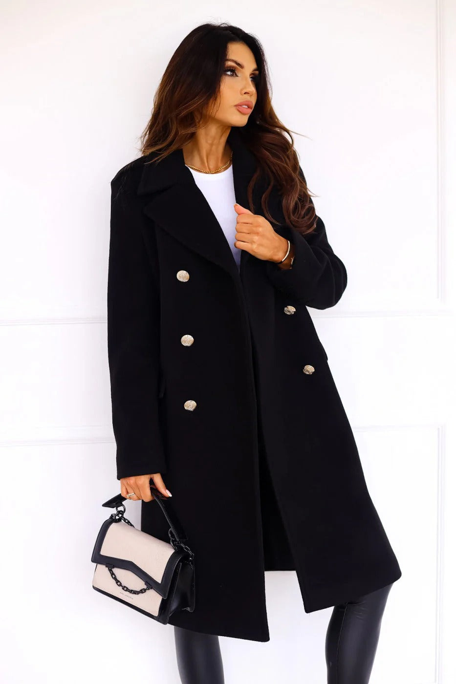 Women’s Double-Breasted Mid-Length Coat - Elegant Gold Button Notch Lapel Overcoat