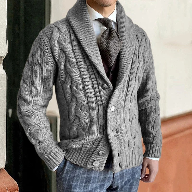 Men’s Heritage Cable Knit Cardigan - Classic Shawl Collar Button-Up
