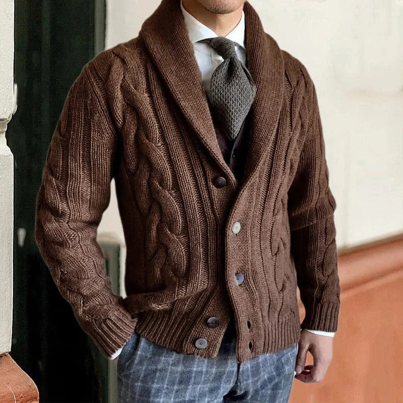 Men’s Heritage Cable Knit Cardigan - Classic Shawl Collar Button-Up