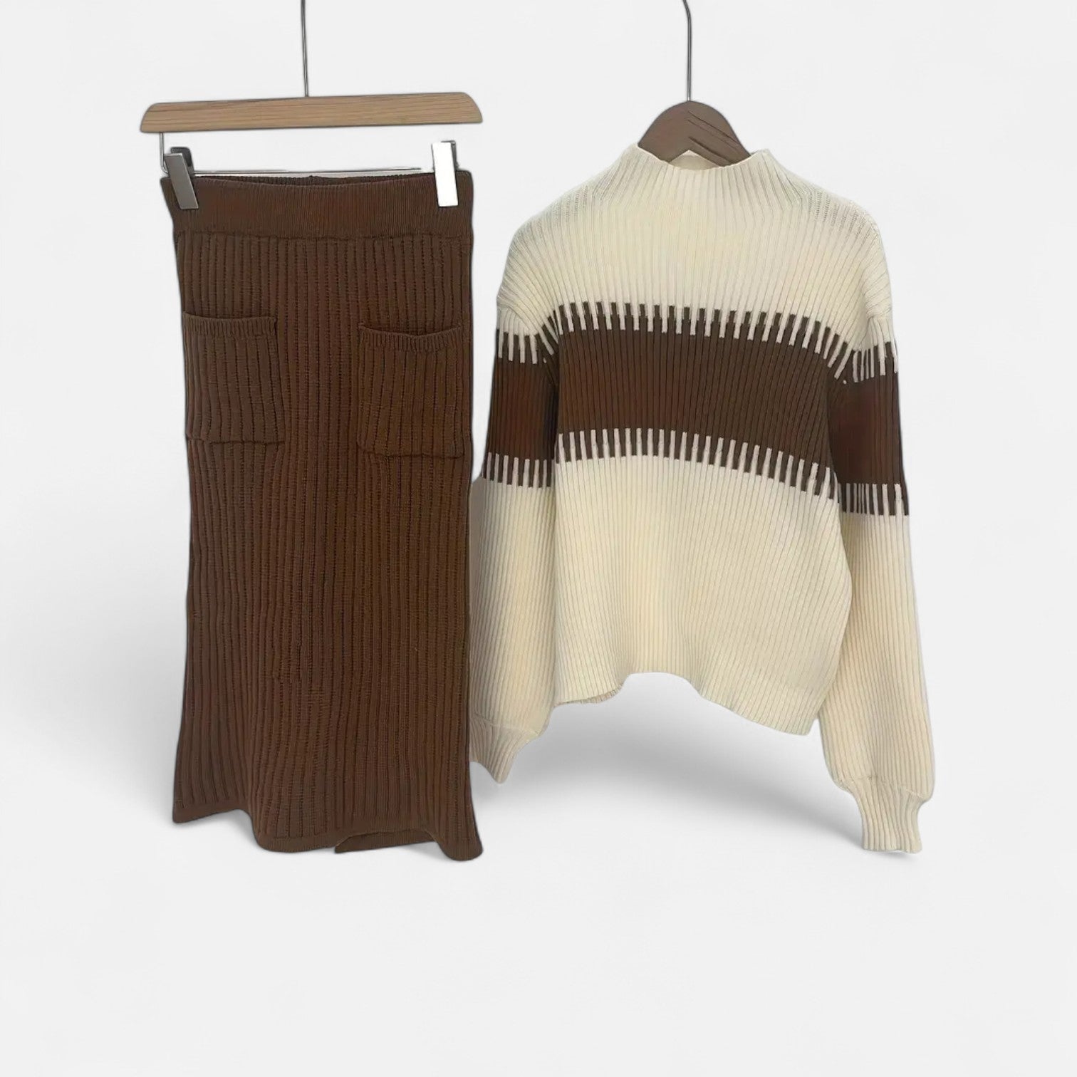 Women’s Two-Piece Knit Set - Long Sleeve Sweater Ribbed Skirt Ensemble