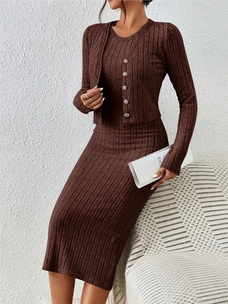 Women’s Serena Ribbed Knit Two-Piece Set – Button Front Midi Dress Matching Cardigan