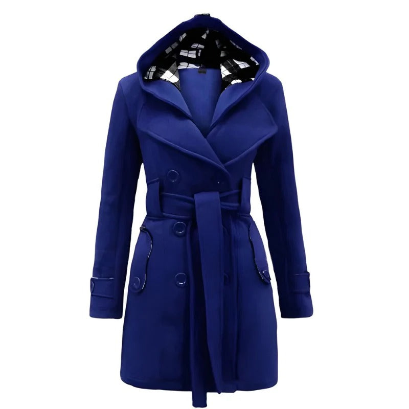 Women’s Double-Breasted Hooded Trench Coat - Elegant Belted Long Jacket