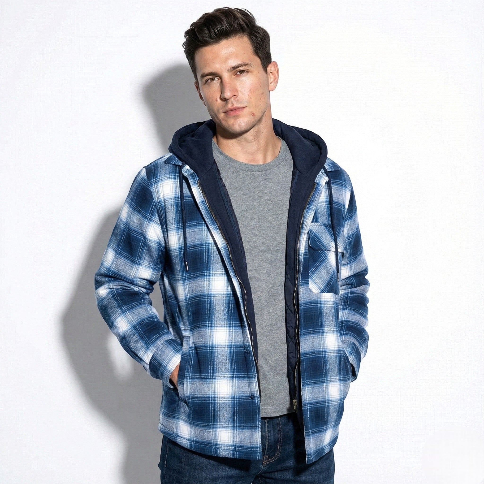Men's Cotton Hooded Check Jacket