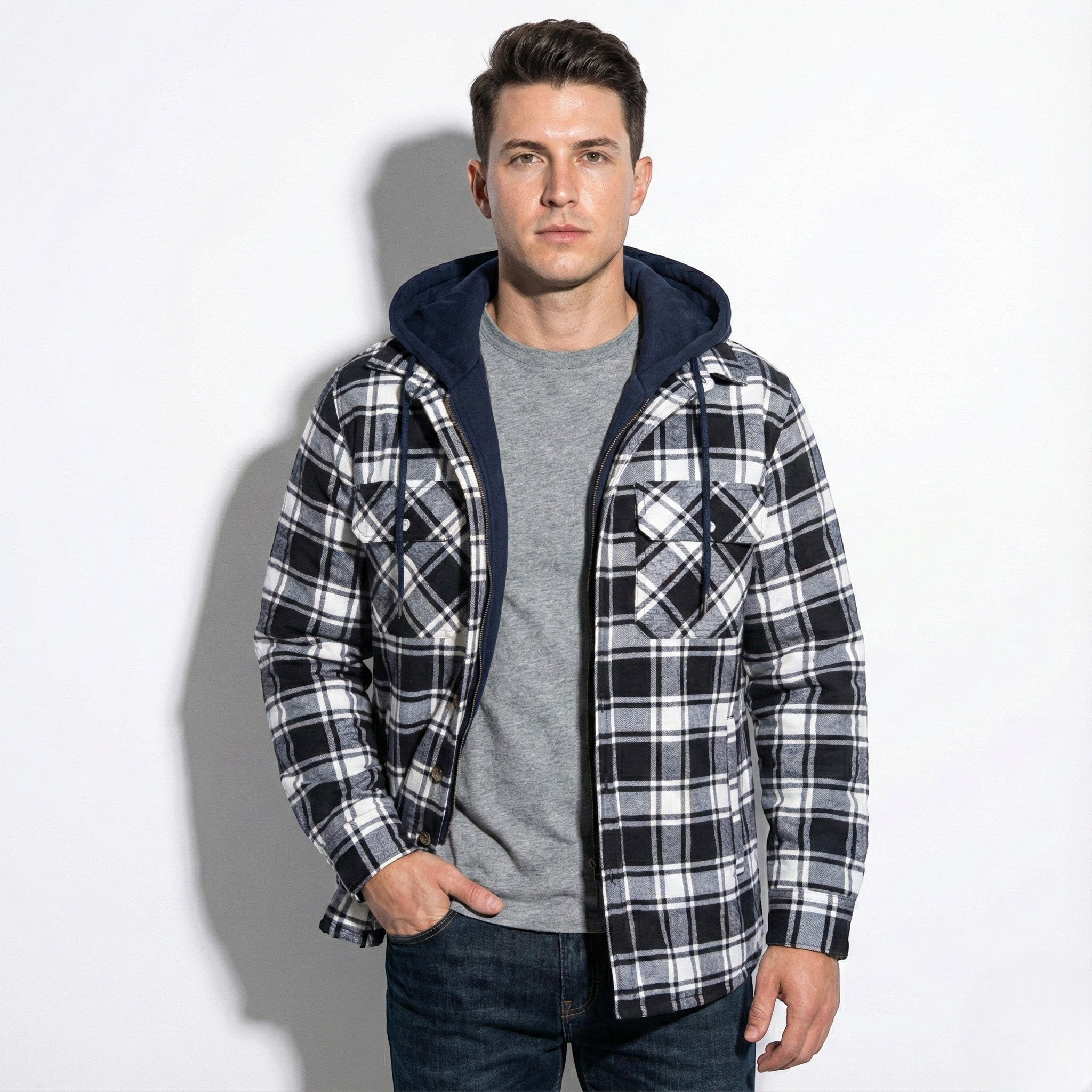 Men's Cotton Hooded Check Jacket