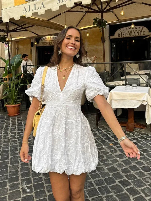 Jo - White Ruffle Embroidered Mini Dress