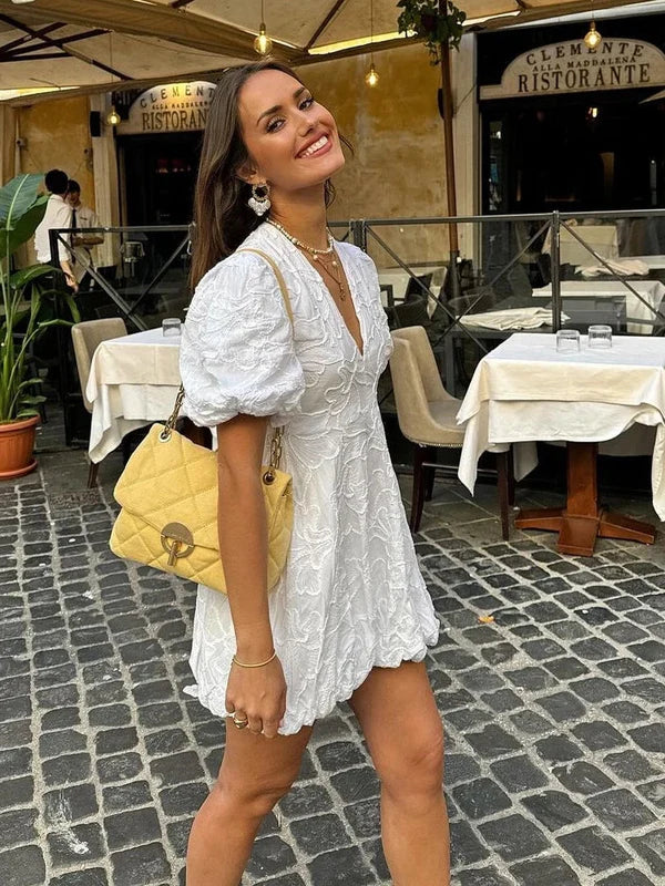 Jo - White Ruffle Embroidered Mini Dress