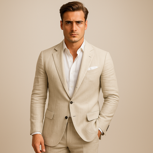 Men’s Tailored Khaki Suit – Modern Two-Piece Formal Set