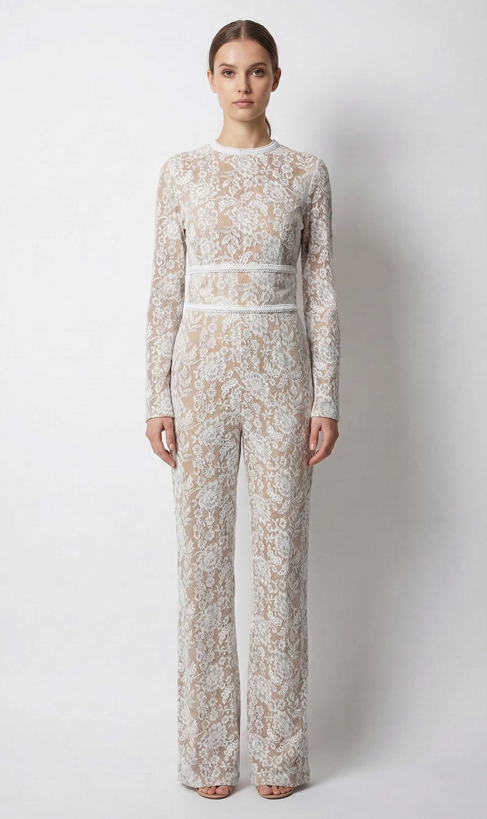 Women’s Lace Flare Jumpsuit - Long Sleeve Sheer Evening Wear