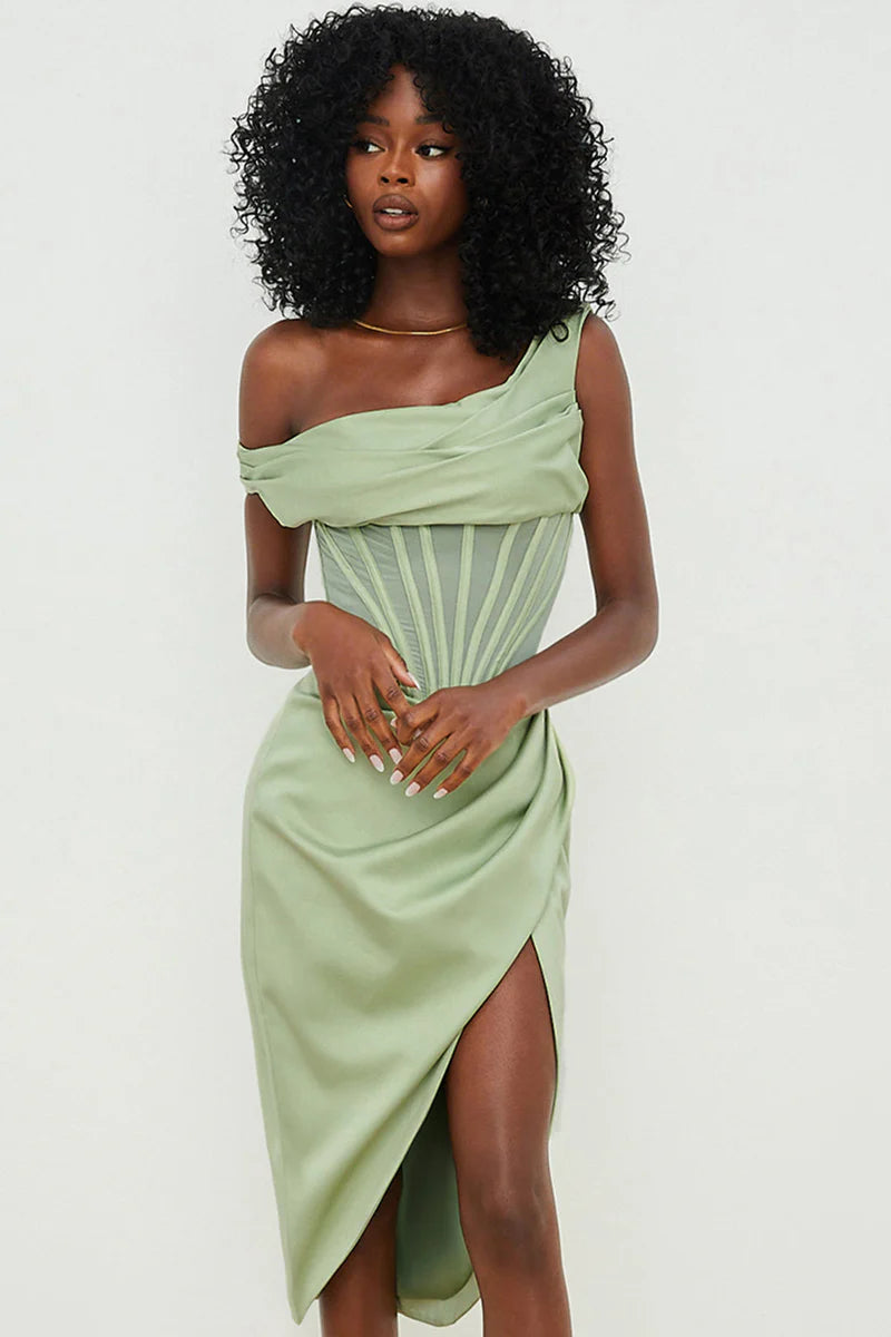 Kathy - Asymmetrical Draped Midi Corset Dress