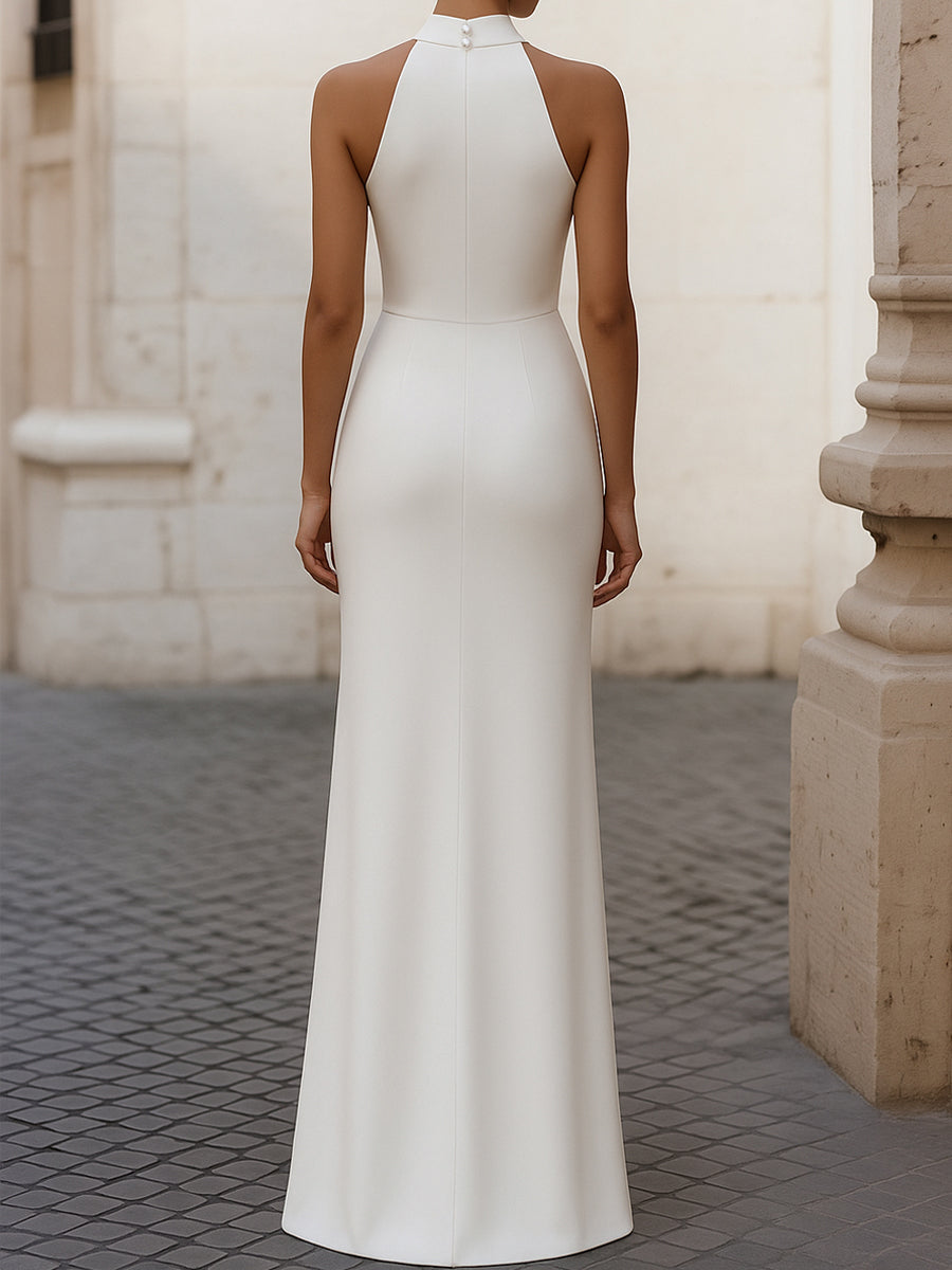 Women’s Pleated Halter Neck Gown - Floor-Length Evening Dress