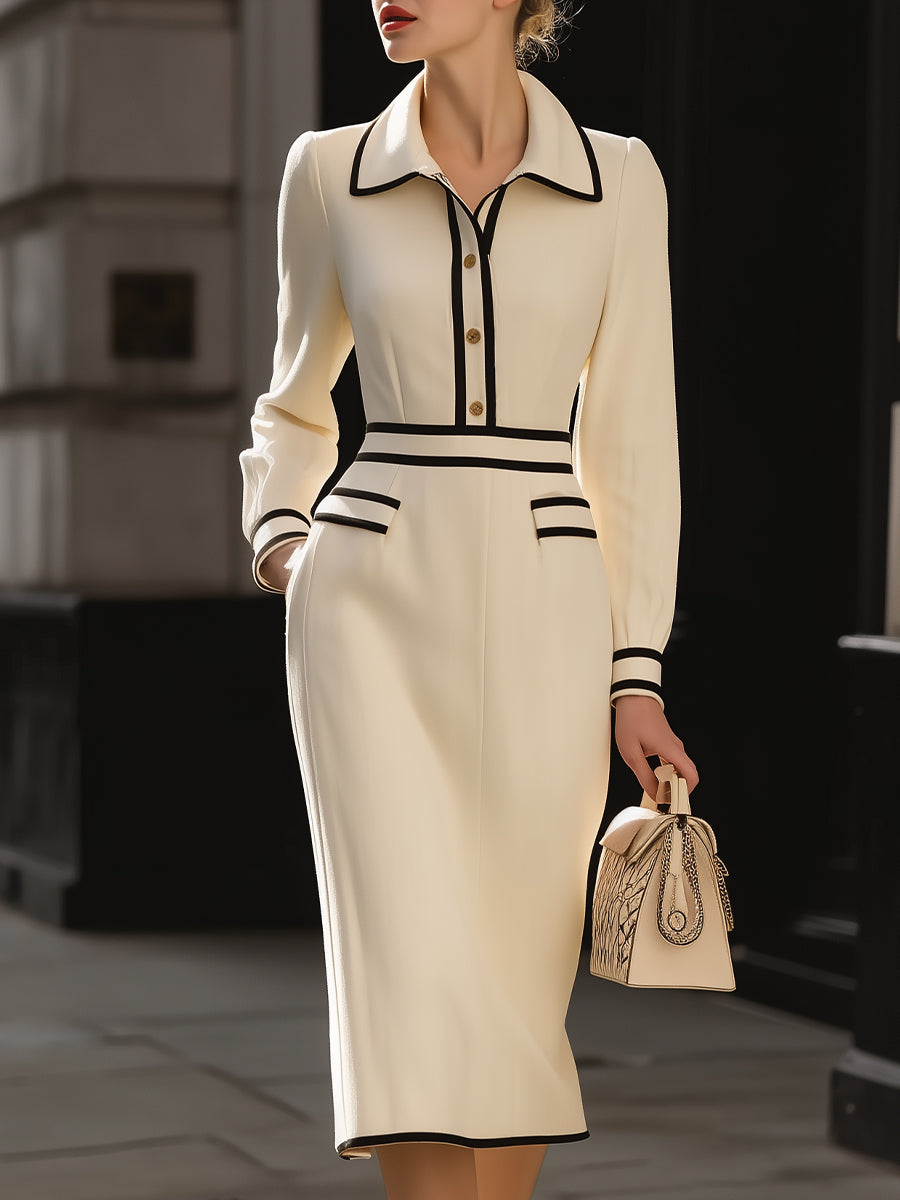 Women’s Contrast Trim Midi Dress - Classic Button-Front Design