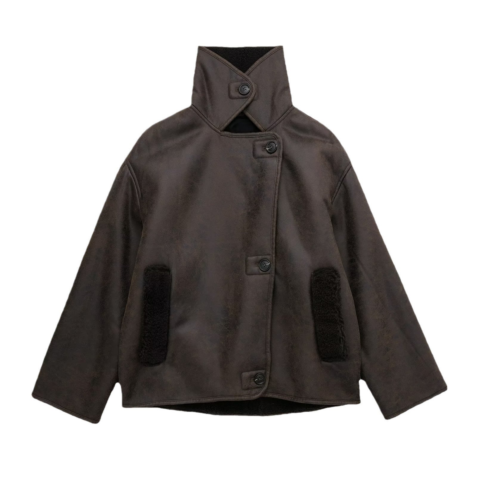 Women’s Oversized Shearling Aviator Jacket - Wide Collar Cuffed Sleeves