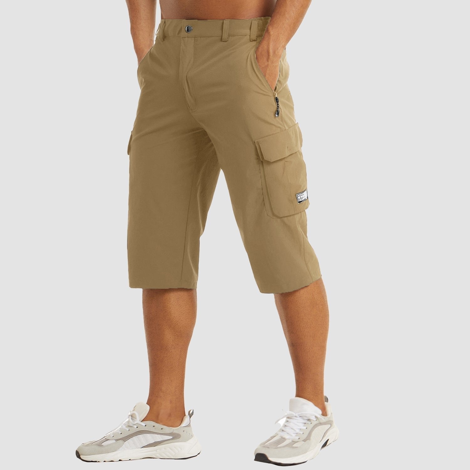 Men's Knee-Length Straight-Leg Cargo Shorts Belt Loop Button Waist - Khaki